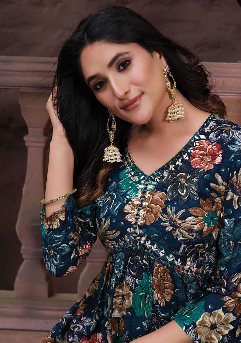 Multicolor Hand Embroidered Rayon Anarkali With Dupatta - Indya