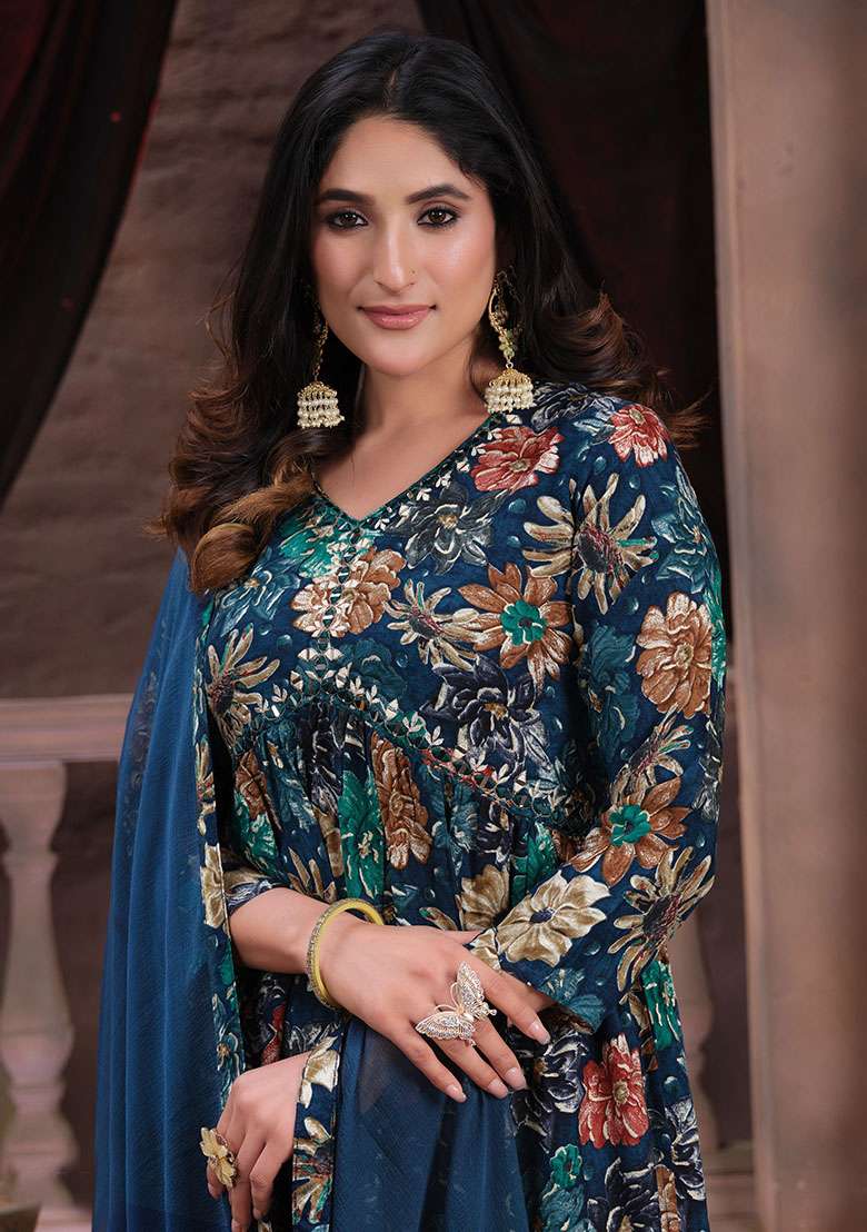 Multicolor Hand Embroidered Rayon Anarkali With Dupatta - Indya