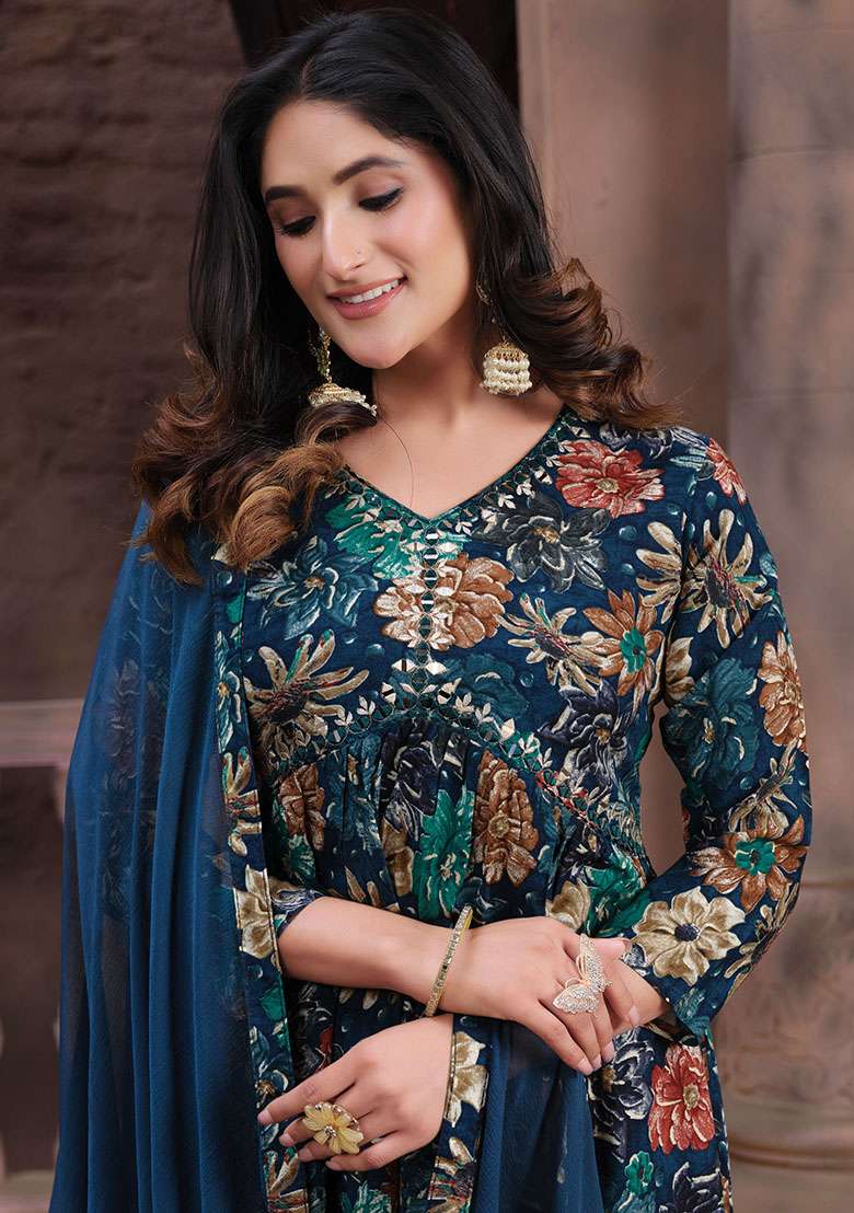 Multicolor Hand Embroidered Rayon Anarkali With Dupatta - Indya