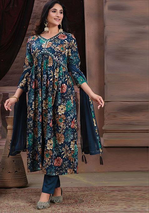Multicolor Hand Embroidered Rayon Anarkali With Dupatta