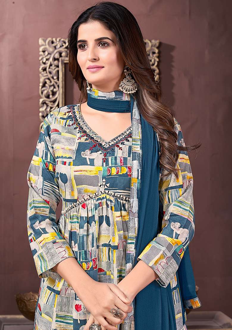 Multicolor Hand Embroidered Rayon Anarkali With Dupatta - Indya