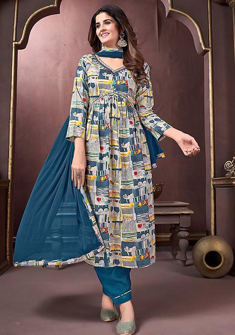 Multicolor Hand Embroidered Rayon Anarkali With Dupatta