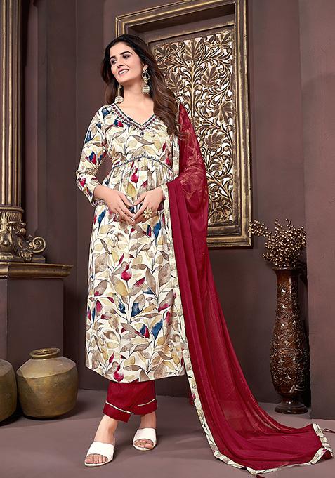 Multicolor Hand Embroidered Rayon Anarkali With Dupatta