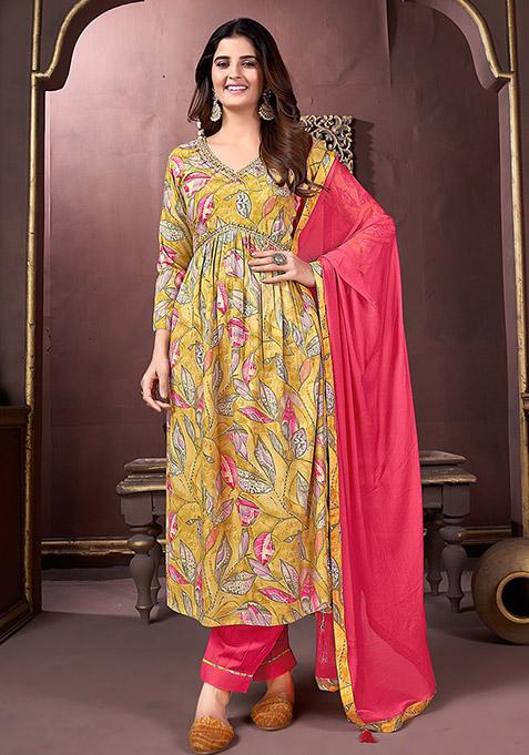 Multicolor Hand Embroidered Rayon Anarkali With Dupatta