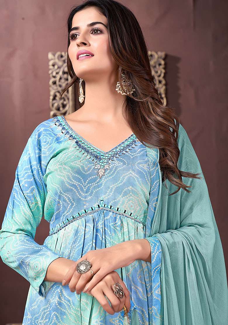 Multicolor Hand Embroidered Rayon Anarkali With Dupatta - Indya
