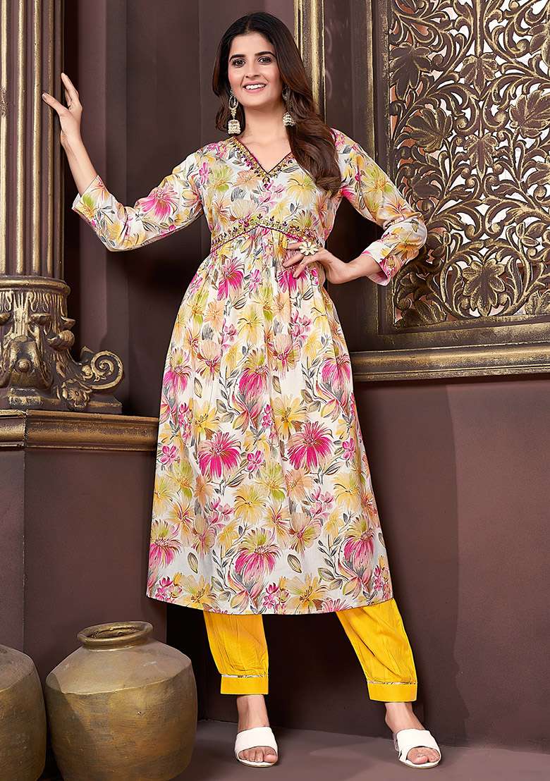 Multicolor Hand Embroidered Rayon Anarkali With Dupatta - Indya