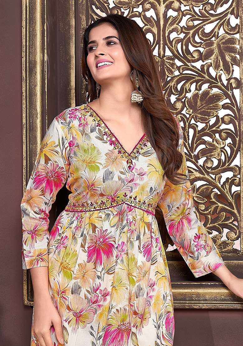 Multicolor Hand Embroidered Rayon Anarkali With Dupatta - Indya