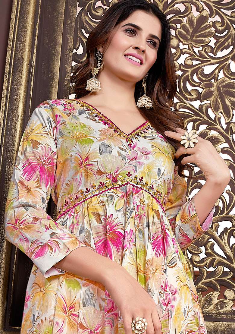 Multicolor Hand Embroidered Rayon Anarkali With Dupatta - Indya