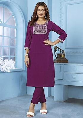 Wine Embroidered Cotton Kurta Set