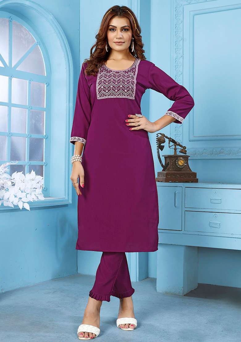 Wine Embroidered Cotton Kurta Set - Indya