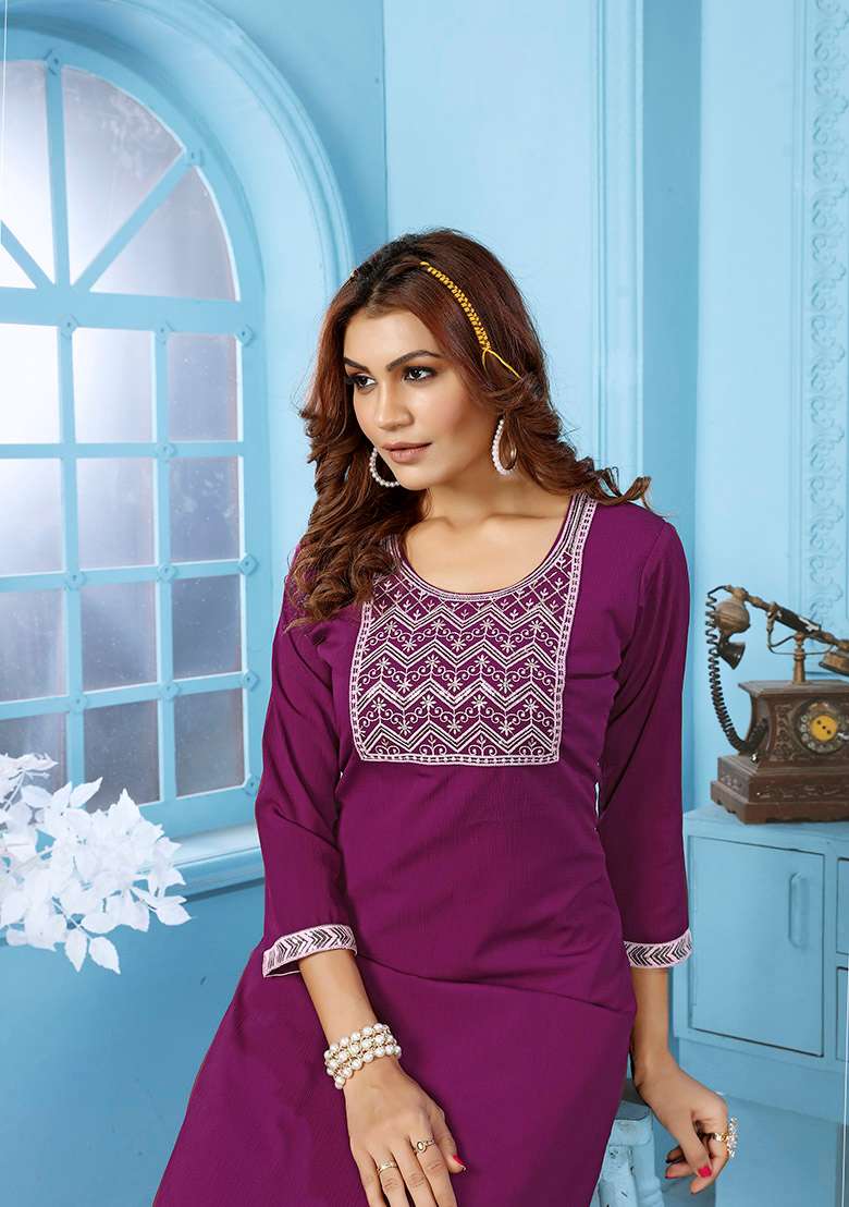 Wine Embroidered Cotton Kurta Set - Indya