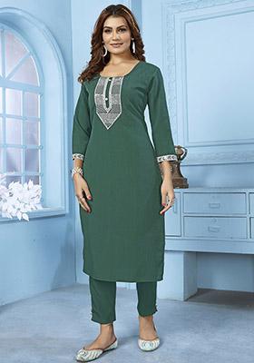 Green Embroidered Cotton Kurta Set