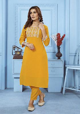 Mustard Embroidered Cotton Kurta Set