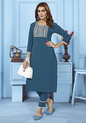Teal Embroidered Cotton Kurta Set