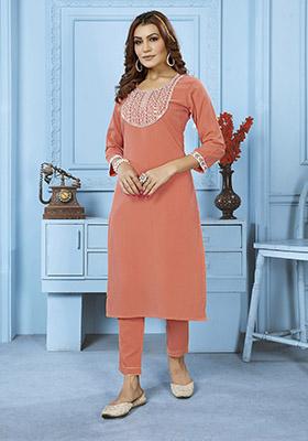 Dark Peach Embroidered Cotton Kurta Set