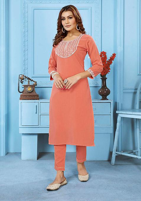 Dark Peach Embroidered Cotton Kurta Set