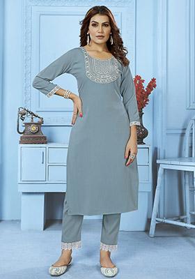 Sky Blue Embroidered Cotton Kurta Set