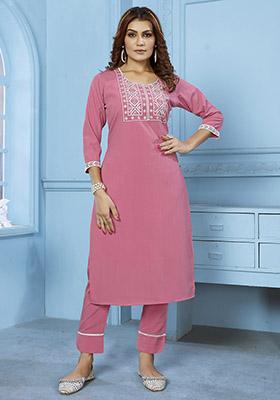 Pink Embroidered Cotton Kurta Set