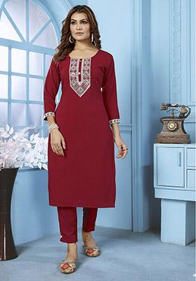 Maroon Embroidered Cotton Kurta Set