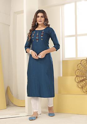 Teal Hand Embroidered Silk Kurta Set