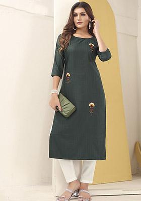 Green Hand Embroidered Silk Kurta Set
