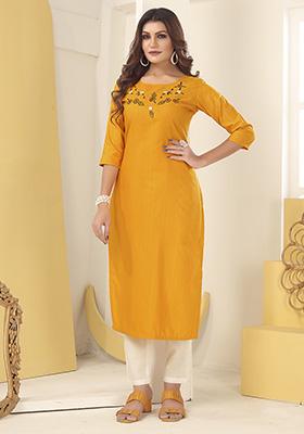 Mustard Hand Embroidered Silk Kurta Set