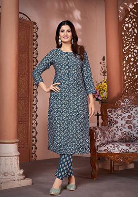 Blue Printed Royal Silk Kurta Set