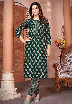 Green Printed Royal Silk Kurta Set