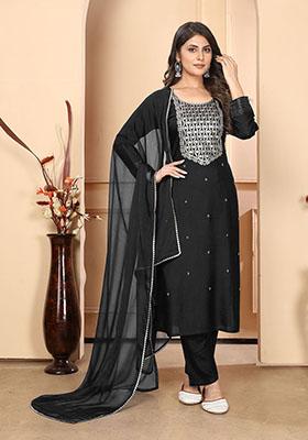 Black Sequin Embroidered Rayon Kurta Set