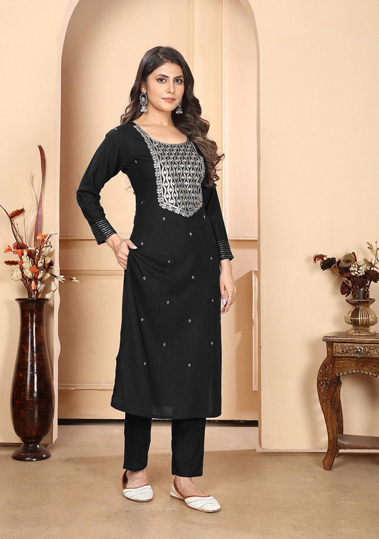 Black Sequin Embroidered Rayon Kurta Set