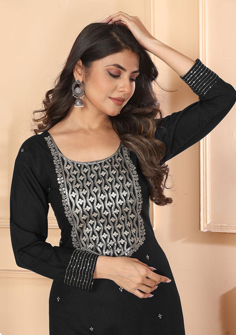 Black Sequin Embroidered Rayon Kurta Set