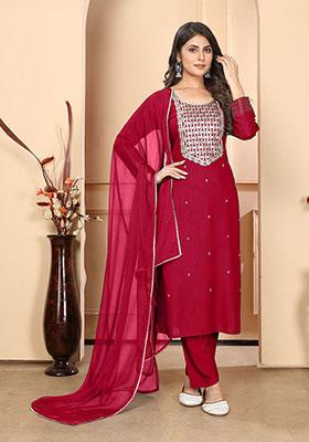 Maroon Sequin Embroidered Rayon Kurta Set