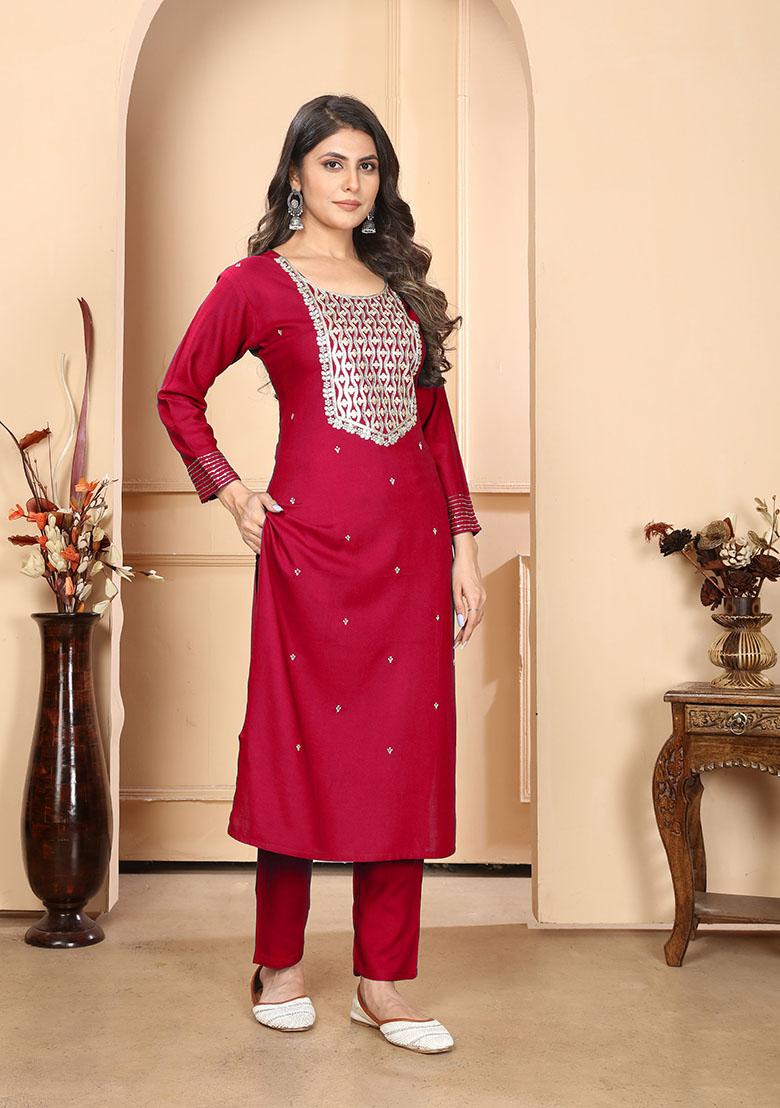 Maroon Sequin Embroidered Rayon Kurta Set