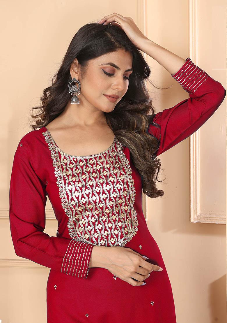 Maroon Sequin Embroidered Rayon Kurta Set