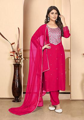 Rani Pink Sequin Embroidered Rayon Kurta Set