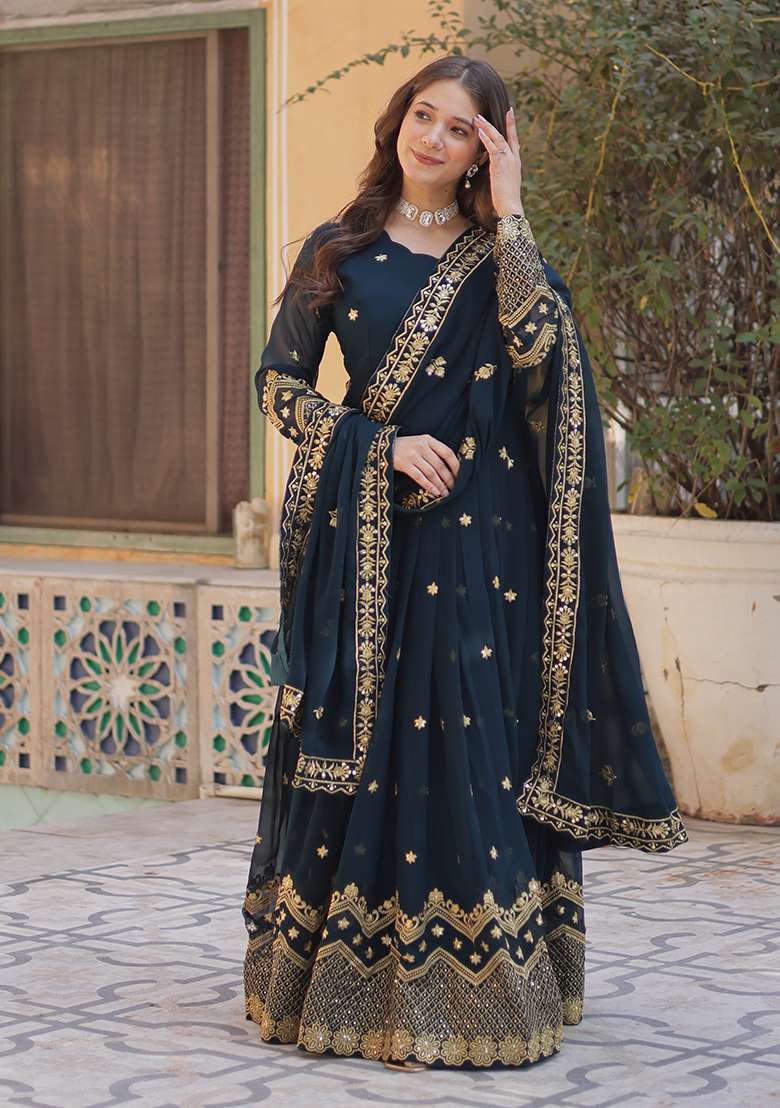Rama Blue Sequin Zari Embroidered Faux Blooming Anarkali With Dupatta - Indya