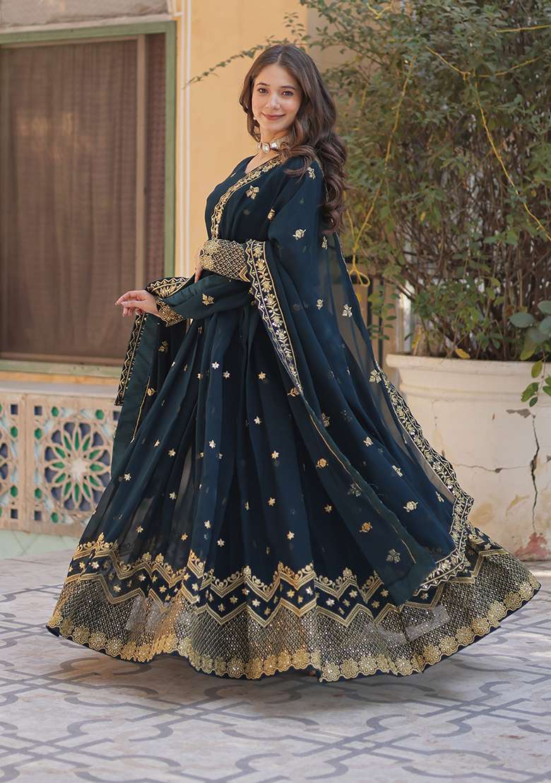 Rama Blue Sequin Zari Embroidered Faux Blooming Anarkali With Dupatta - Indya