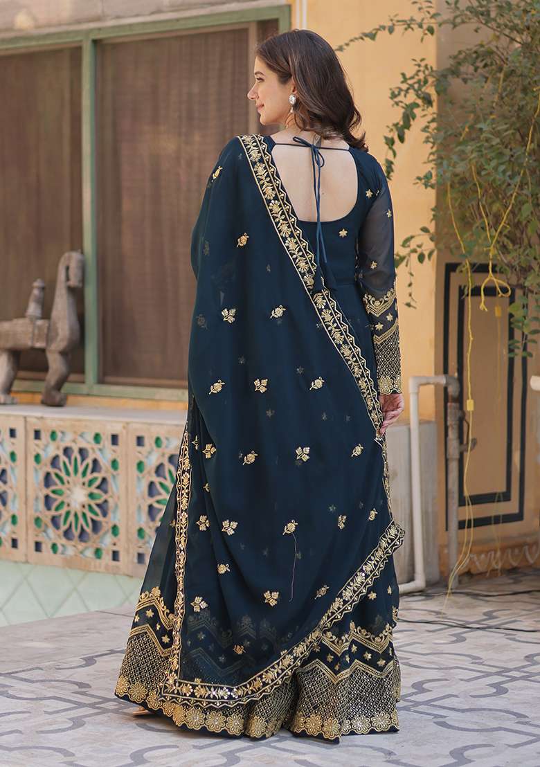 Rama Blue Sequin Zari Embroidered Faux Blooming Anarkali With Dupatta - Indya