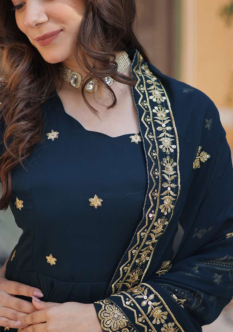 Rama Blue Sequin Zari Embroidered Faux Blooming Anarkali With Dupatta - Indya