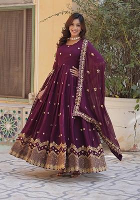 Wine Sequin Zari Embroidered Faux Blooming Anarkali Set
