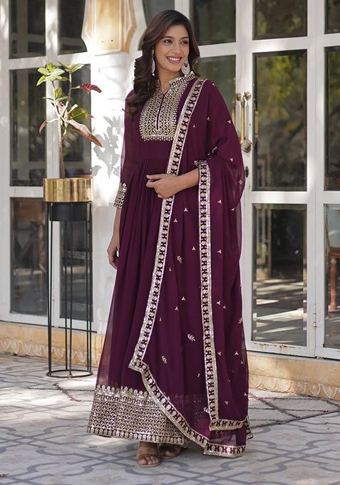Wine Sequin Embroidered Faux Blooming Georgette Anarkali Set