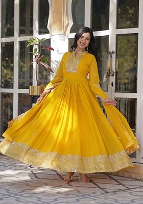 Yellow Sequin Embroidered Faux Blooming Georgette Anarkali Set
