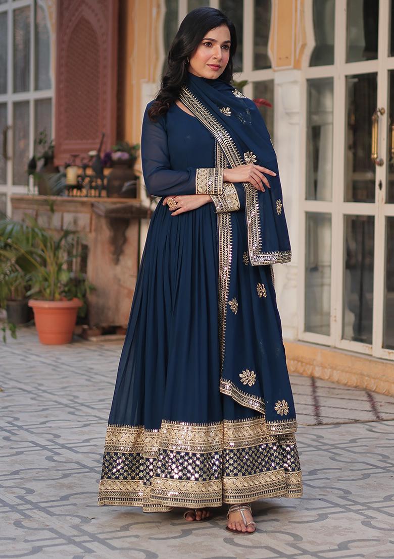 Blue Sequin Zari Embroidered Faux Blooming Anarkali Set