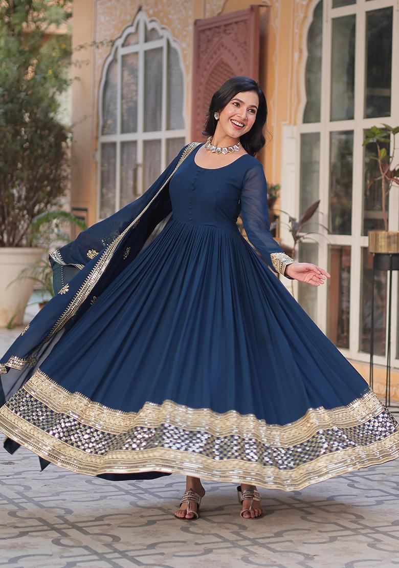 Blue Sequin Zari Embroidered Faux Blooming Anarkali Set