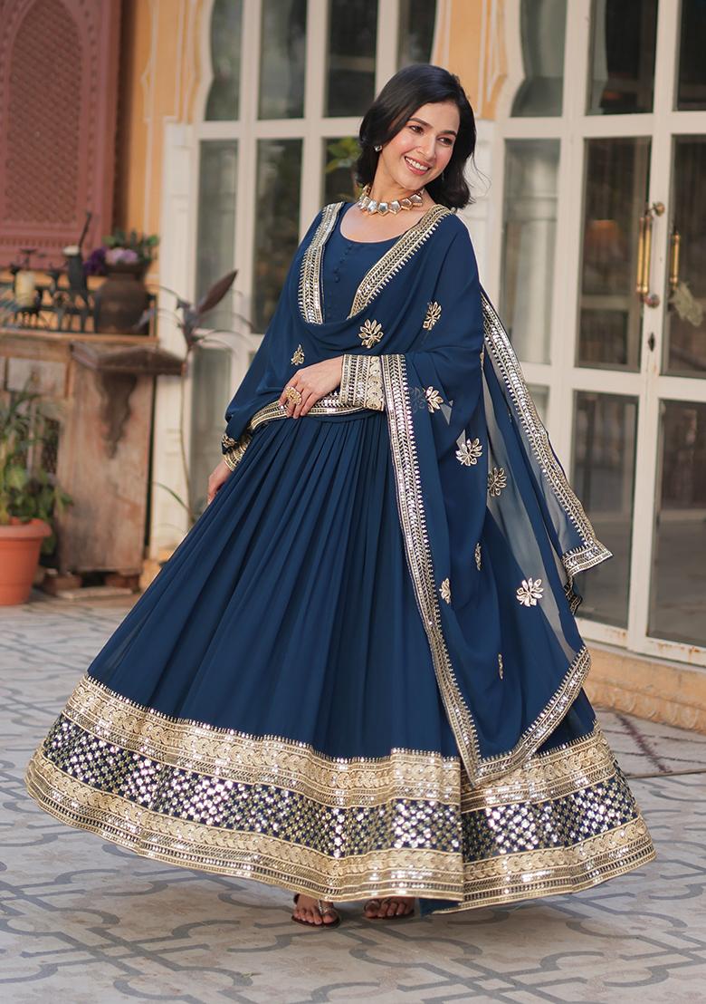 Blue Sequin Zari Embroidered Faux Blooming Anarkali Set