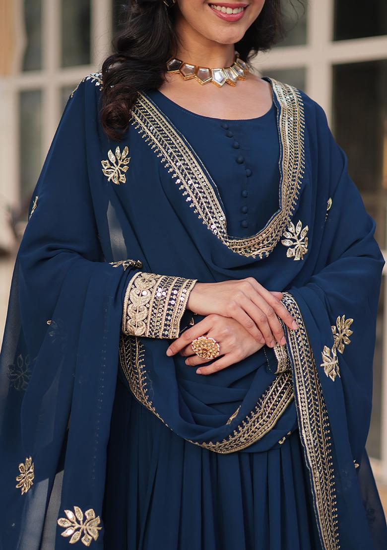 Blue Sequin Zari Embroidered Faux Blooming Anarkali Set