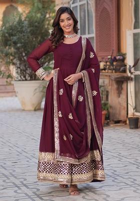 Wine Sequin Zari Embroidered Faux Blooming Anarkali Set