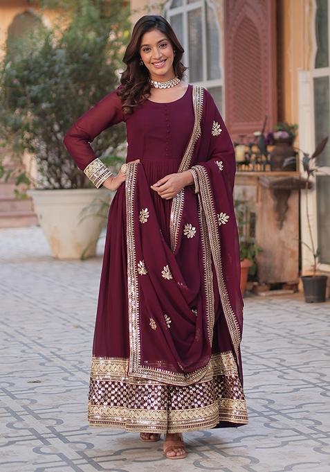 Wine Sequin Zari Embroidered Faux Blooming Anarkali Set