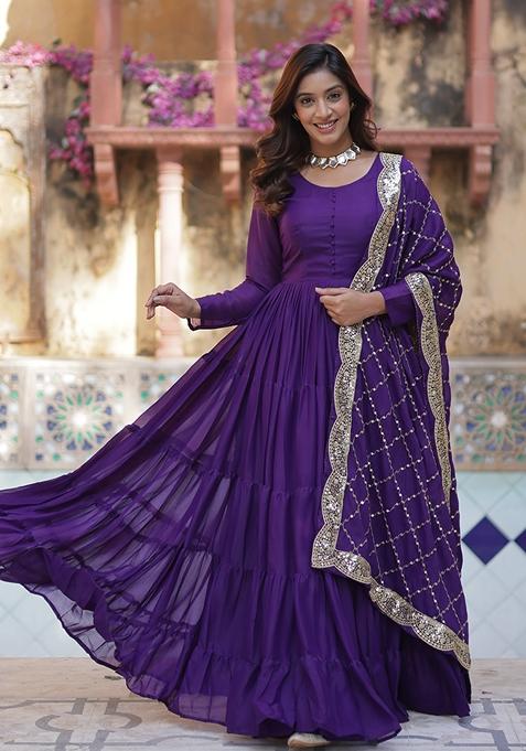 Violet Embroidered Georgette Anarkali Set