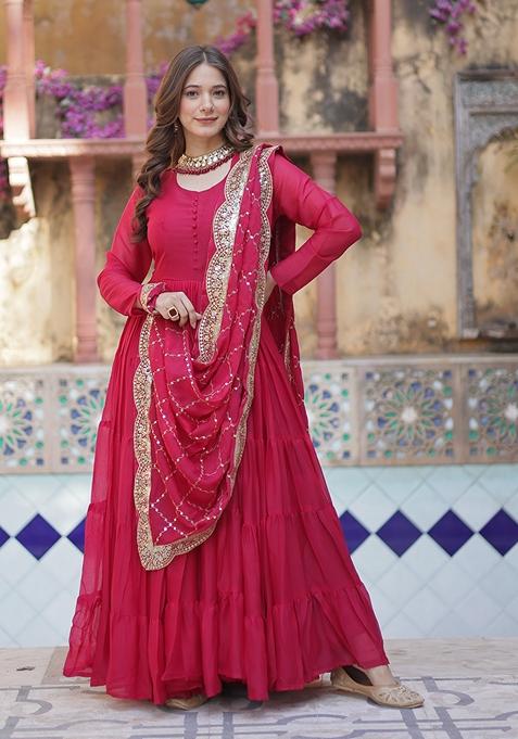 Pink Embroidered Georgette Anarkali Set